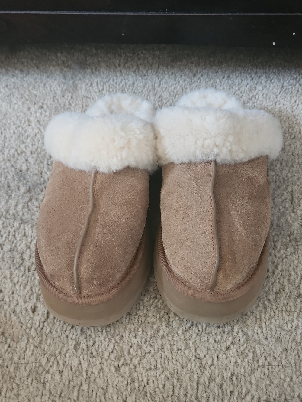 UGG Women's Disquette Chestnut Suede Shearling Platform Clog Mule Slippers